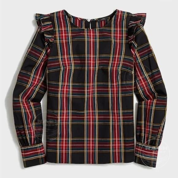 J.Crew Size PM Plaid Ruffle Shoulder Top | Holiday Tartan Blouse Long Sleeve - Picture 3 of 14